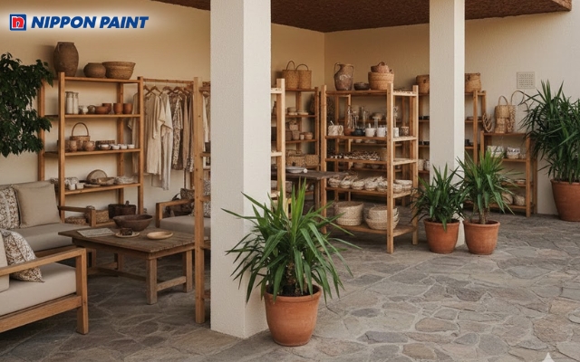 Màu nâu vỏ cây (bark brown) cho trần hiên nhà và tường màu kem