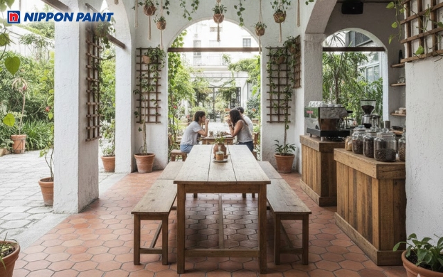 Tường trắng tinh khôi kết hợp sàn gạch đỏ và bộ bàn ghế gỗ mộc