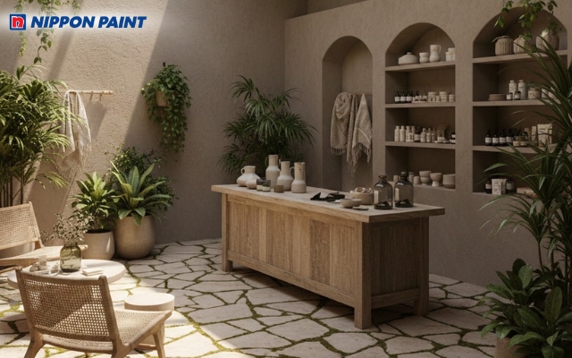 Sơn khoáng màu nâu xám bền bỉ dưới ánh nắng, hài hòa với cây xanh