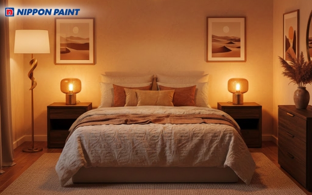 Màu sơn cát cháy mịn kết hợp cùng ánh đèn vàng kim tạo sự ấm cúng