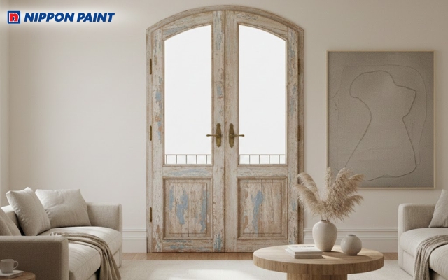 Trắng ngà toàn bộ không gian, tạo điểm nhấn bằng khung cửa gỗ cũ đầy hoài niệm