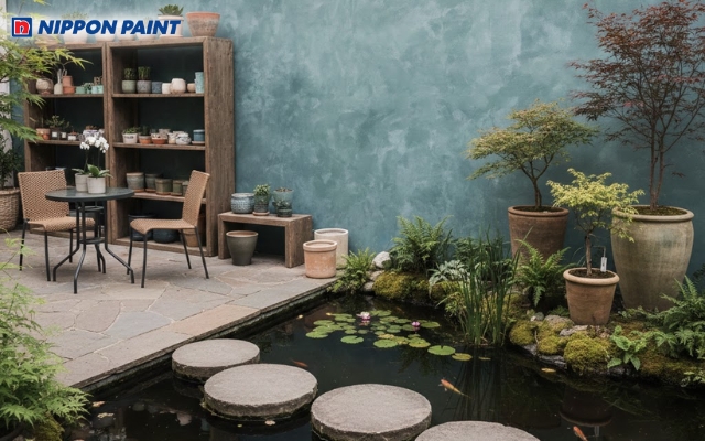 Xanh xám cho mảng tường trang trí bên cạnh hồ cá hoặc vườn nhỏ