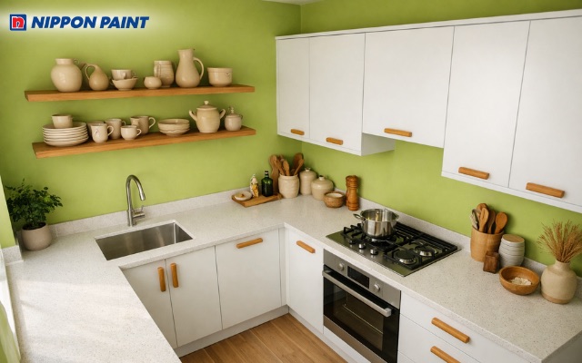 Màu xanh lá mạ giúp khu vực bếp trở nên tươi mát và gần gũi thiên nhiên