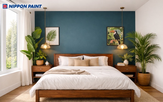 Tường đầu giường màu xanh thẫm tạo điểm nhấn sang trọng và sâu lắng