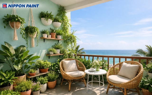 Màu tường xanh nhạt hòa quyện cùng hệ thống cây xanh ban công