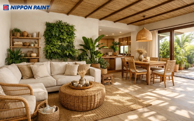 Kết hợp mây tre và vải Linen giúp không gian Tropical thêm mộc mạc, ấm cúng