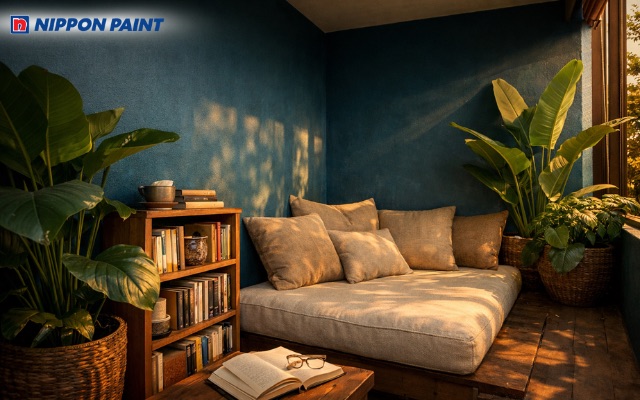 Màu xanh biển sâu tạo góc thư giãn yên tĩnh cho khu vực đọc sách