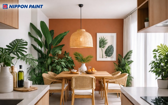 Điểm xuyết sắc cam đất tăng sự ấm cúng cho khu vực ăn uống