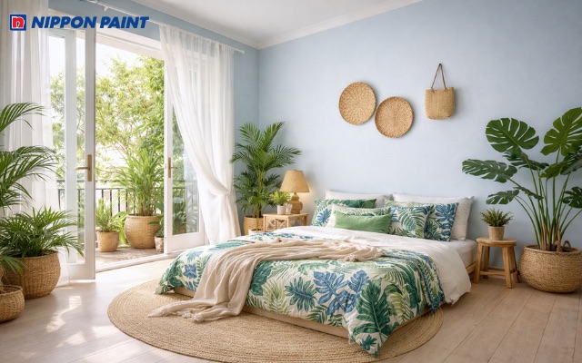 Tông xanh dương nhạt giúp hạ nhiệt không gian phòng ngủ vào mùa hè