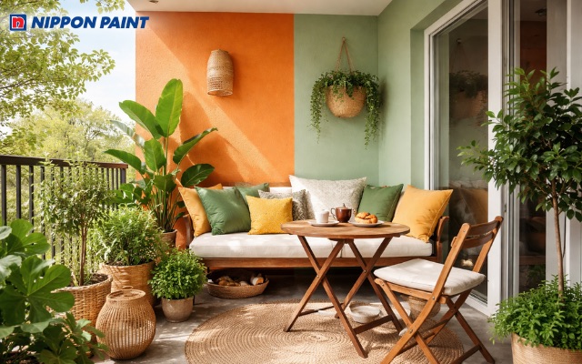 Kết hợp sắc cam nắng và xanh lá cho góc ban công năng động