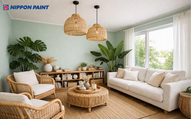 Sự kết hợp giữa màu xanh mint và nội thất mây tre đan tinh tế
