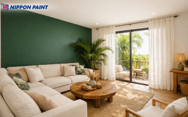 Phòng khách sử dụng mảng tường xanh lá đậm làm điểm nhấn trên nền trắng ngà