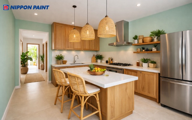 Tủ bếp gỗ phối cùng tường xanh pastel tạo vẻ đẹp hiện đại, sạch sẽ