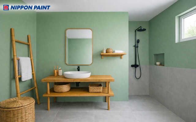 Tông xanh lá nhạt kết hợp phụ kiện bằng tre mang vẻ đẹp tối giản