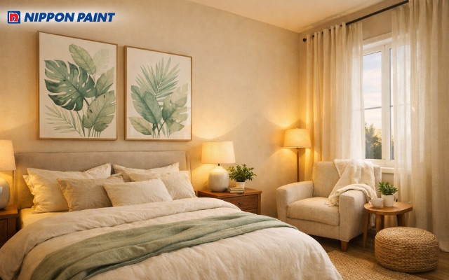 Màu cát nhẹ nhàng kết hợp ánh sáng ấm tạo không gian nghỉ ngơi yên bình