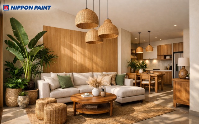 Tông kem cát tạo sự trang nhã và chiều sâu cho phòng khách nhiệt đới hiện đại