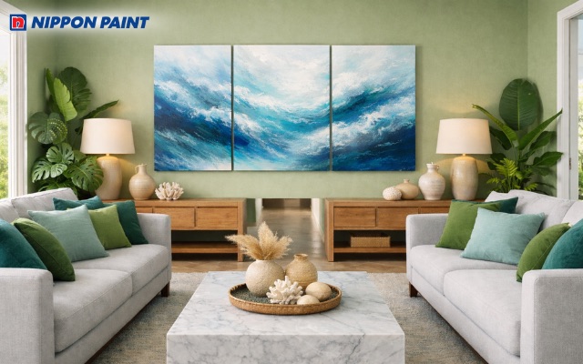 Không gian mô phỏng đại dương với sắc xanh biển dịu và nội thất màu trung tính