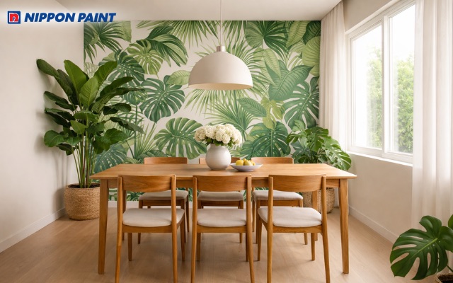 Màu be nhẹ nhàng và điểm nhấn xanh lá tán cây tạo nền tảng cho bàn ăn bằng gỗ tự nhiên