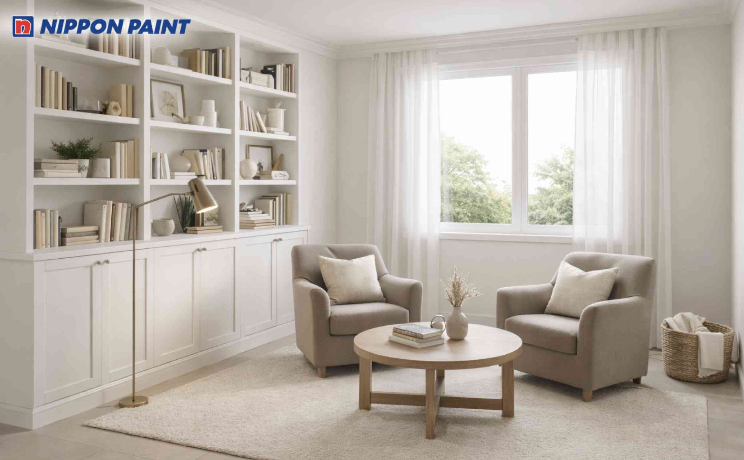 Góc đọc sách với tường trắng mờ kết hợp ghế taupe nhẹ