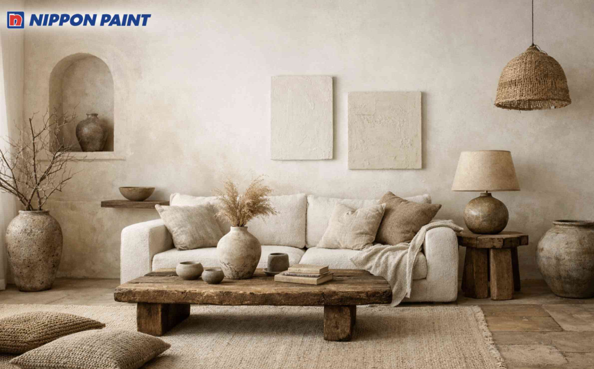 Không gian phòng khách sử dụng kem và trắng mờ làm tông chủ đạo