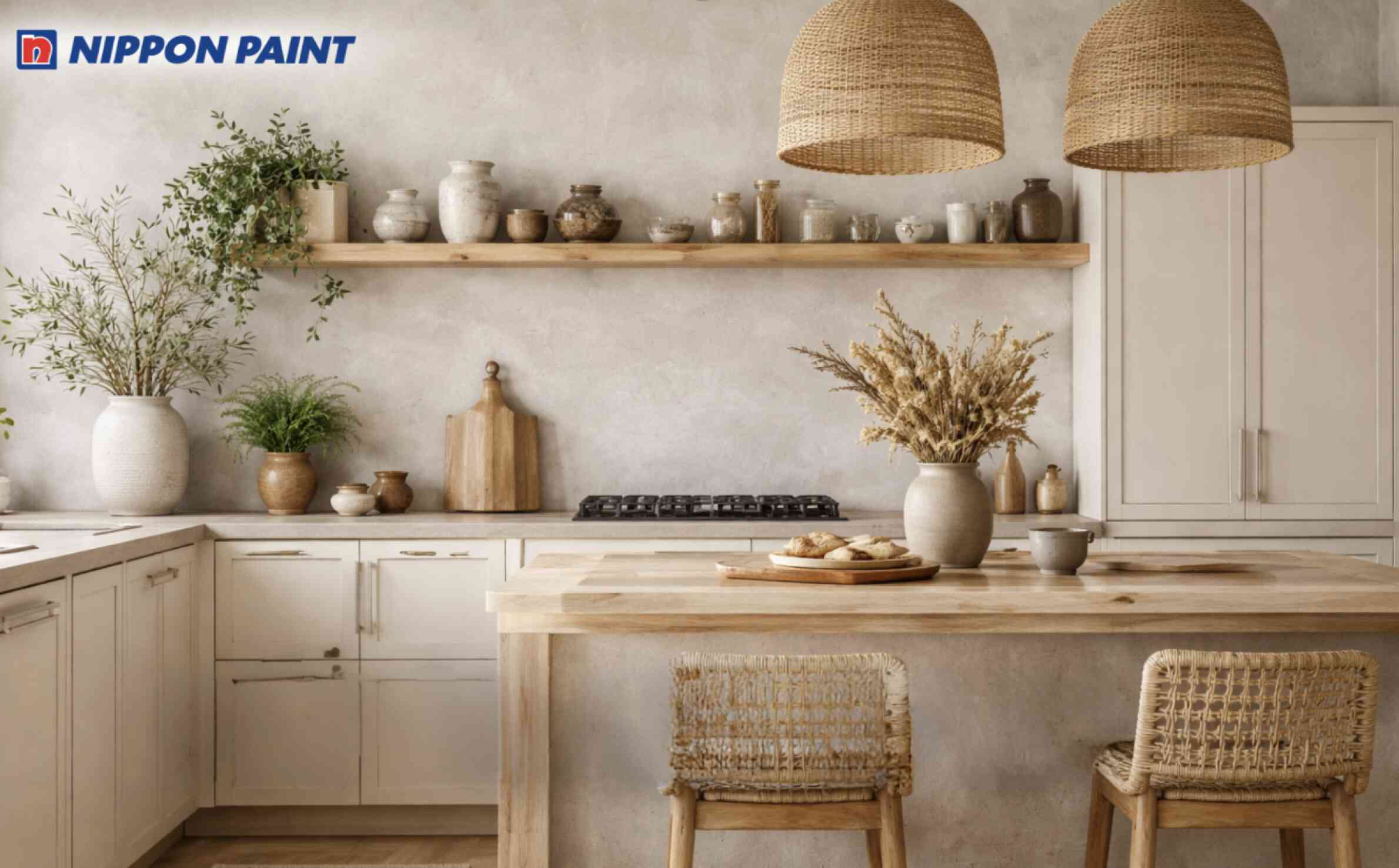 Cách phối xám nhạt cho tường bếp cùng tủ bếp kem mang lại cảm giác nhẹ nhàng