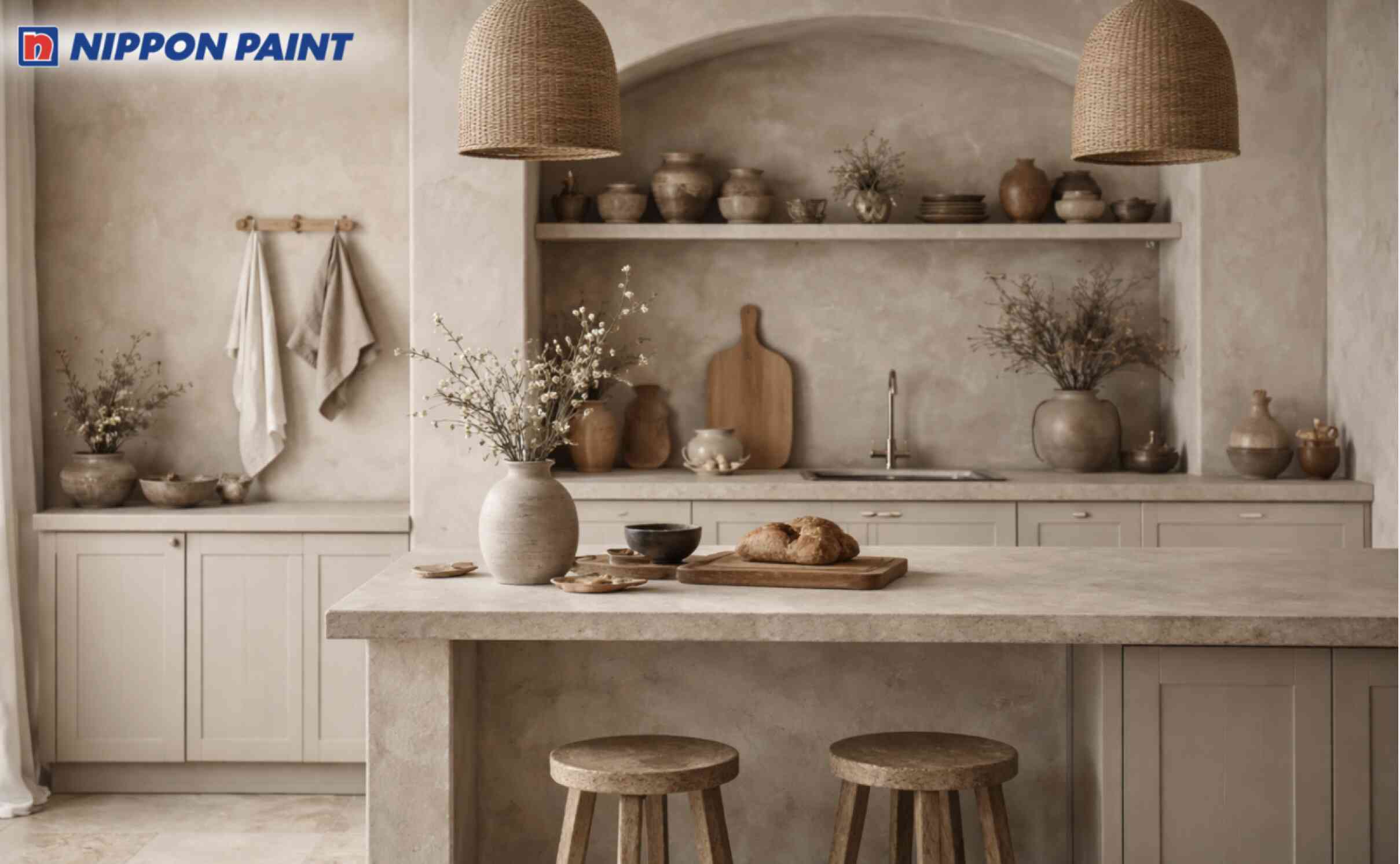 Phòng bếp Wabi Sabi với tường taupe nhẹ kết hợp tủ bếp beige