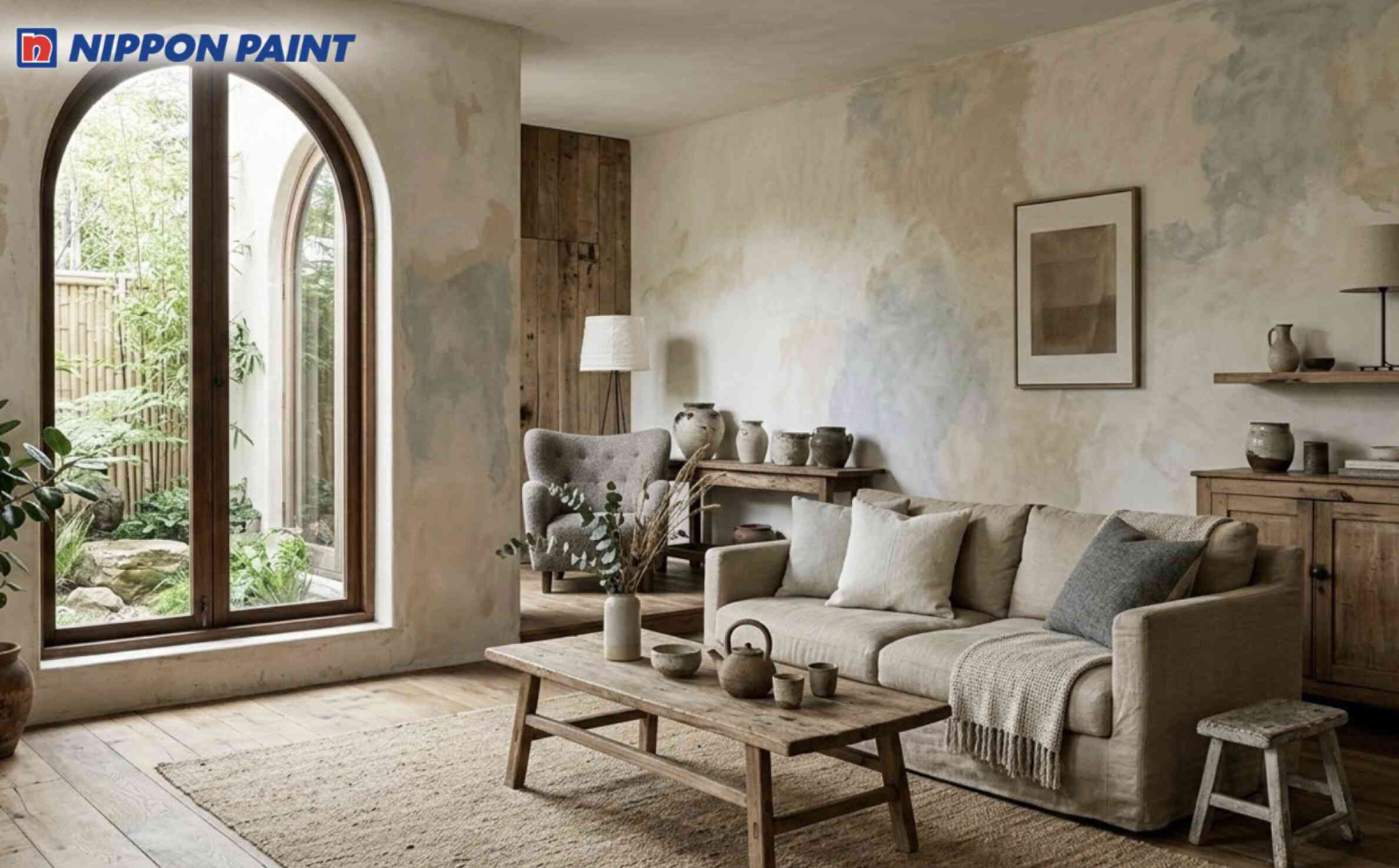 Phối kem - beige - xám trong phòng khách Wabi Sabi mang lại cảm giác thư thái