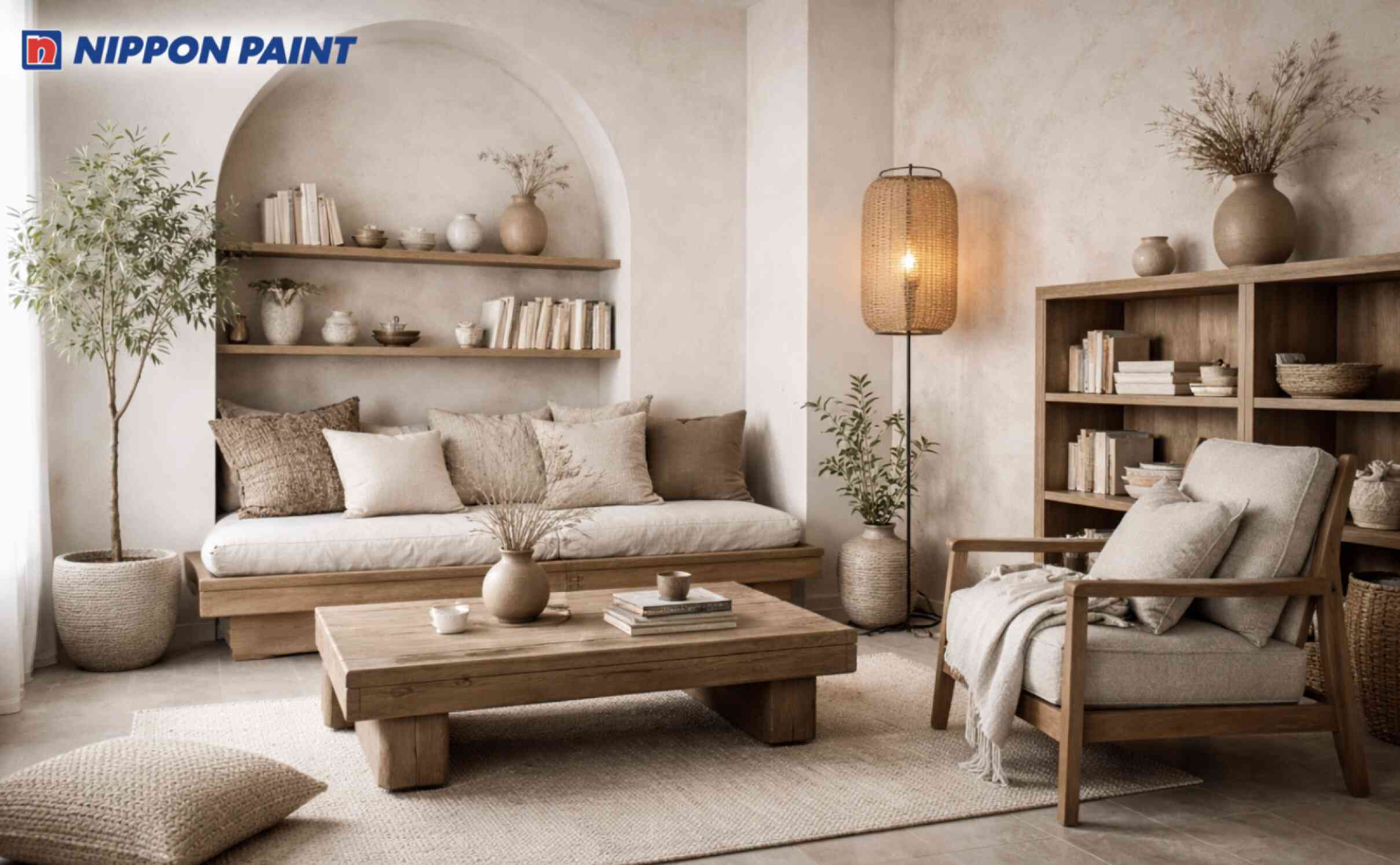 Sự kết hợp kem - nâu đất - xám nhạt mang lại góc đọc sách Wabi Sabi trầm ấm