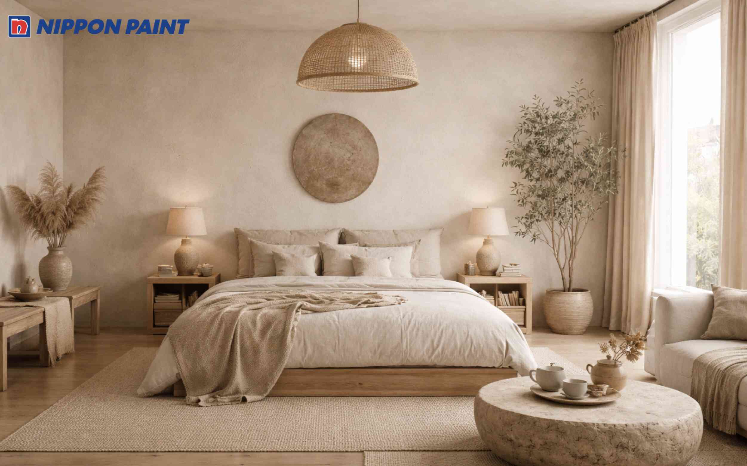 Phòng ngủ Wabi Sabi với tường kem làm tông chủ đạo, kết hợp nội thất beige