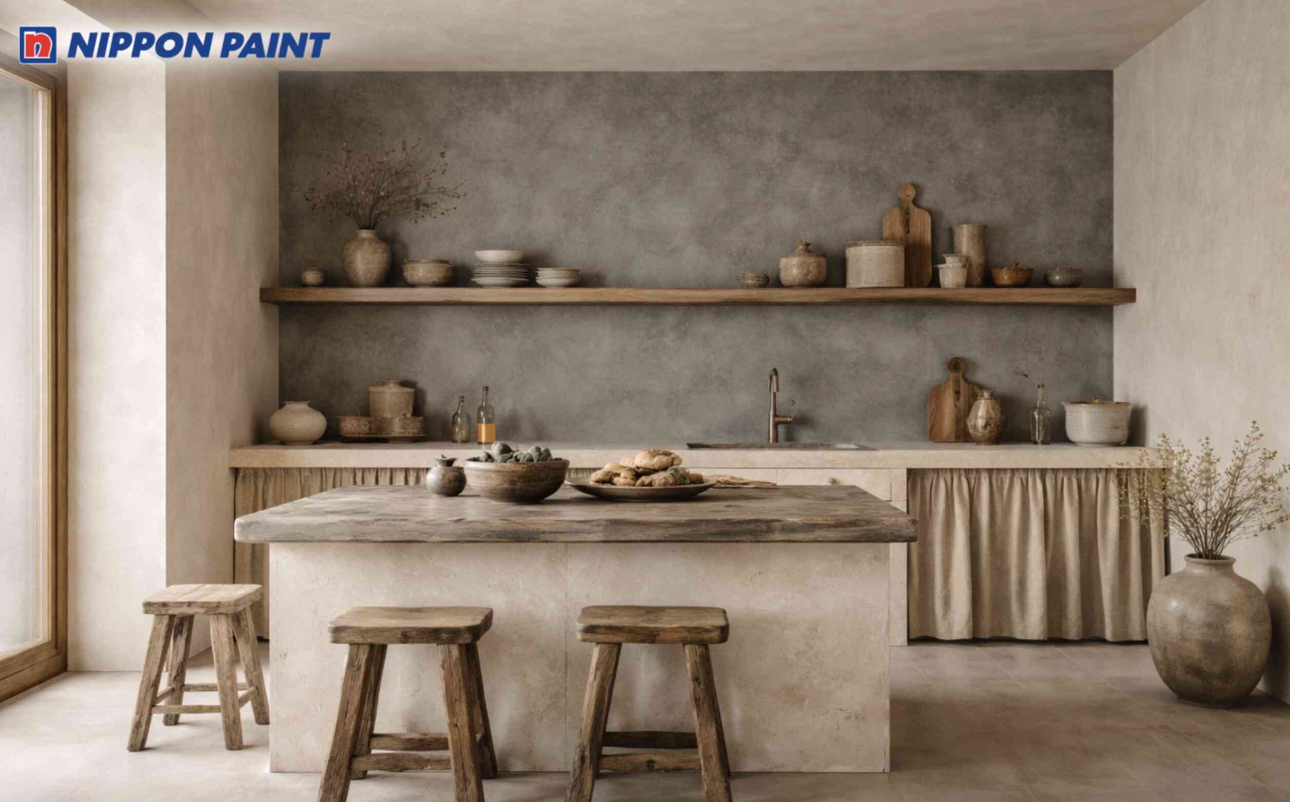 Phòng bếp sử dụng slate (xám đá) làm tông nhấn kết hợp nền beige