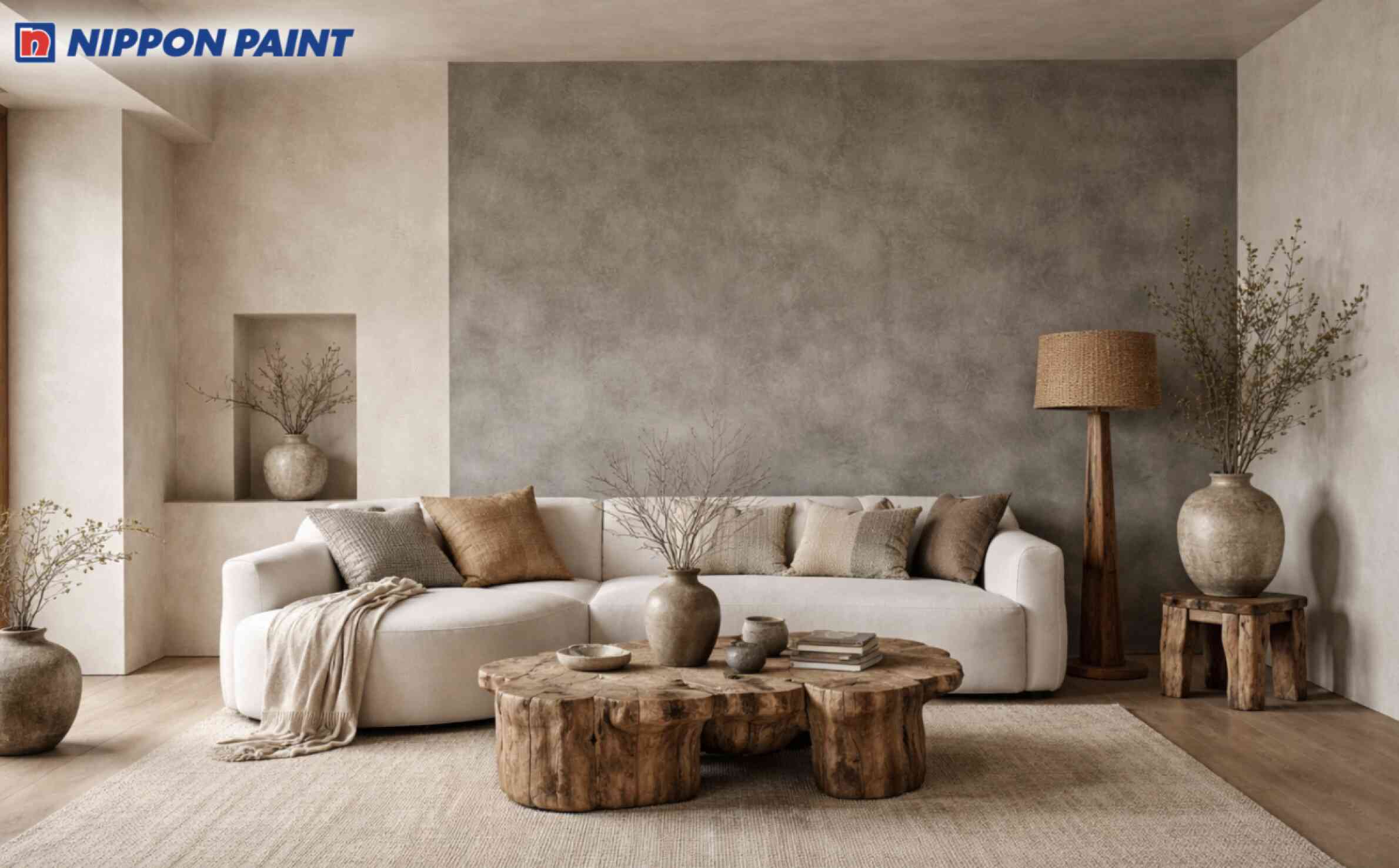 Tường beige kết hợp mảng nhấn xám cùng nội thất gỗ thô đúng tinh thần Wabi Sabi