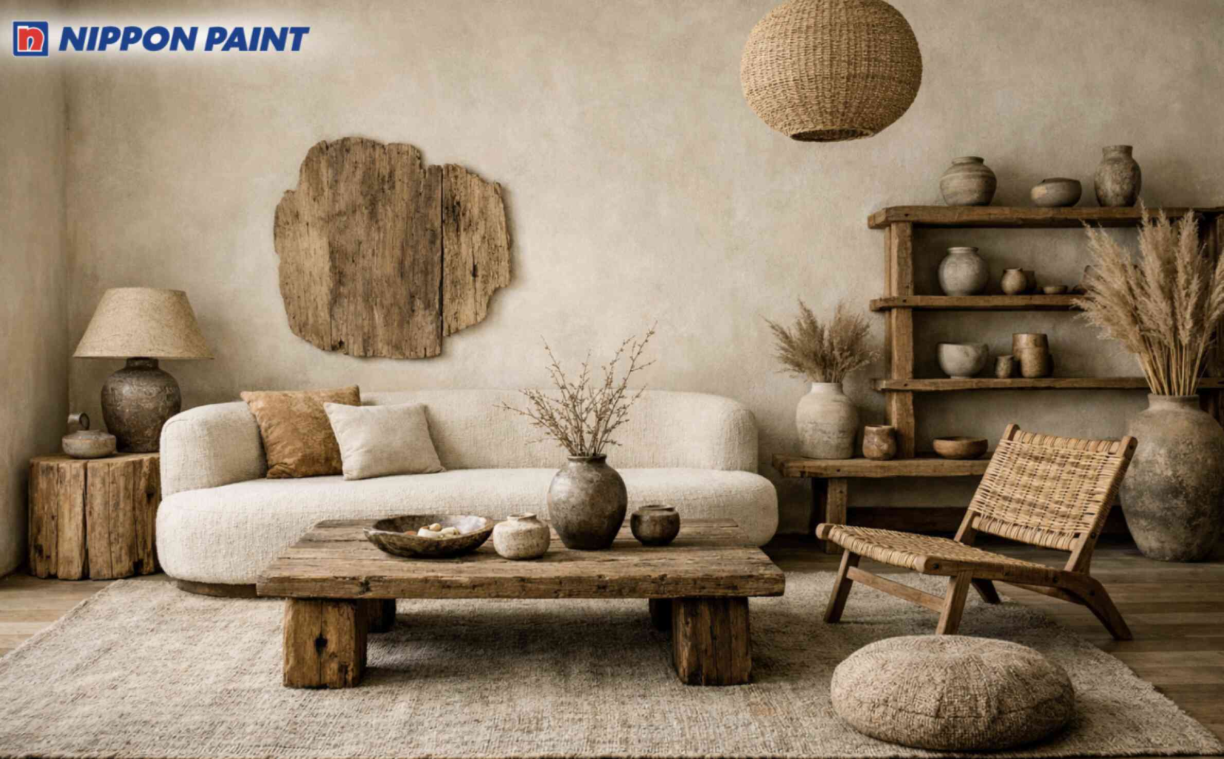 Phòng khách Wabi Sabi với tường beige nhạt làm nền, kết hợp nội thất gỗ