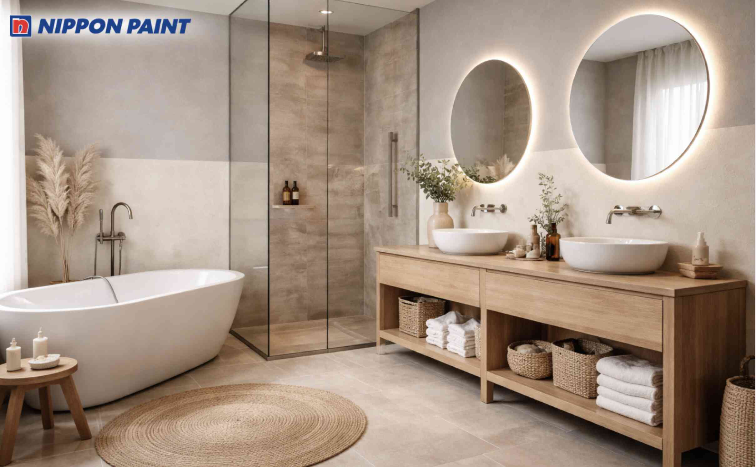 Sự kết hợp xám - kem cùng các chi tiết gỗ mộc tạo nên phòng tắm Wabi Sabi ấm áp