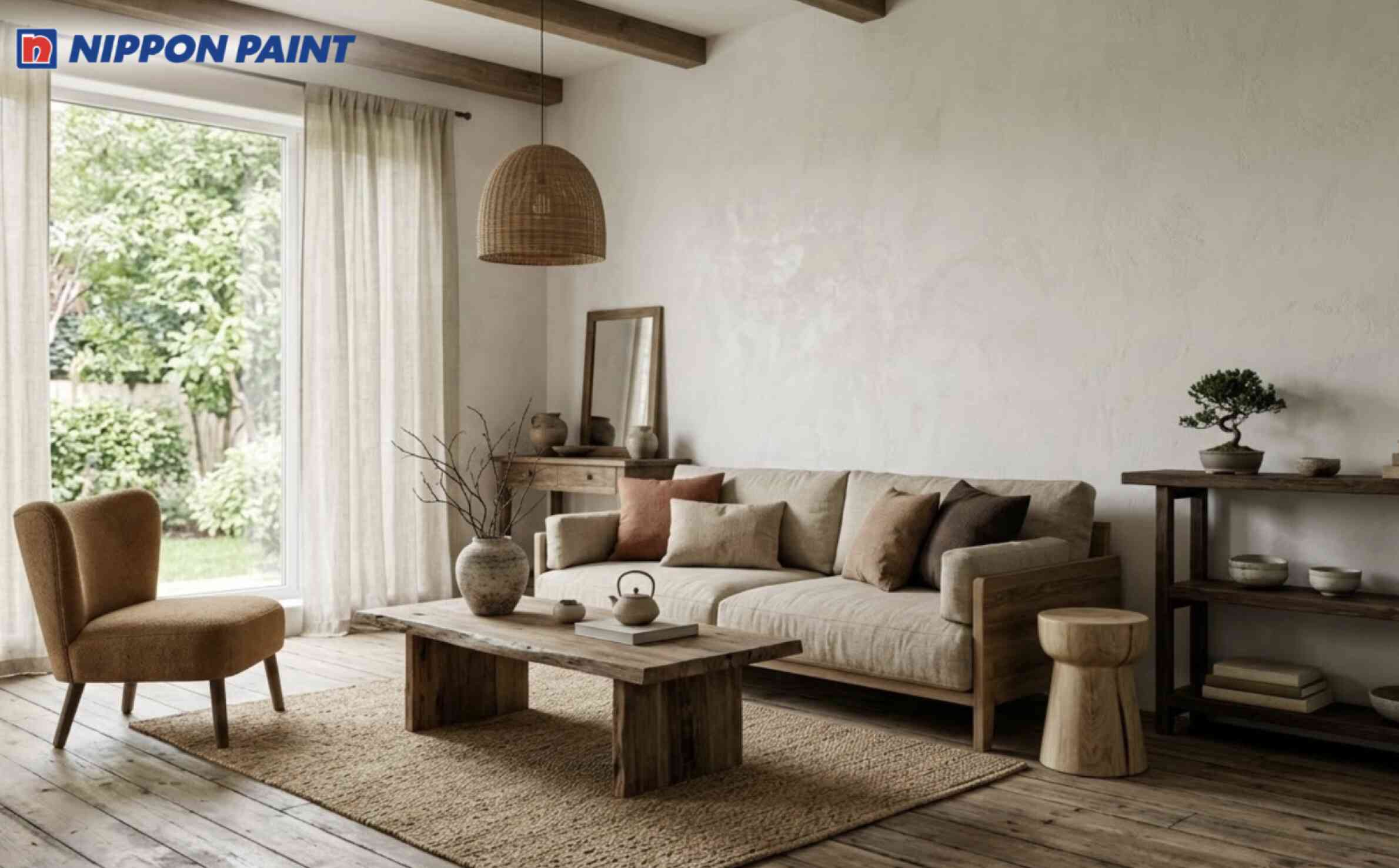 Phòng khách Wabi Sabi với tông trắng mờ chủ đạo, phối nâu đất ở nội thất