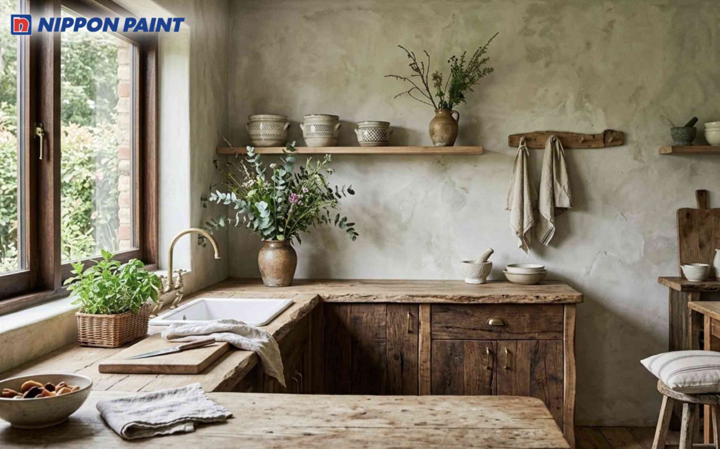 Sự kết hợp xám - beige - xanh lá nhạt trong phòng bếp Wabi Sabi