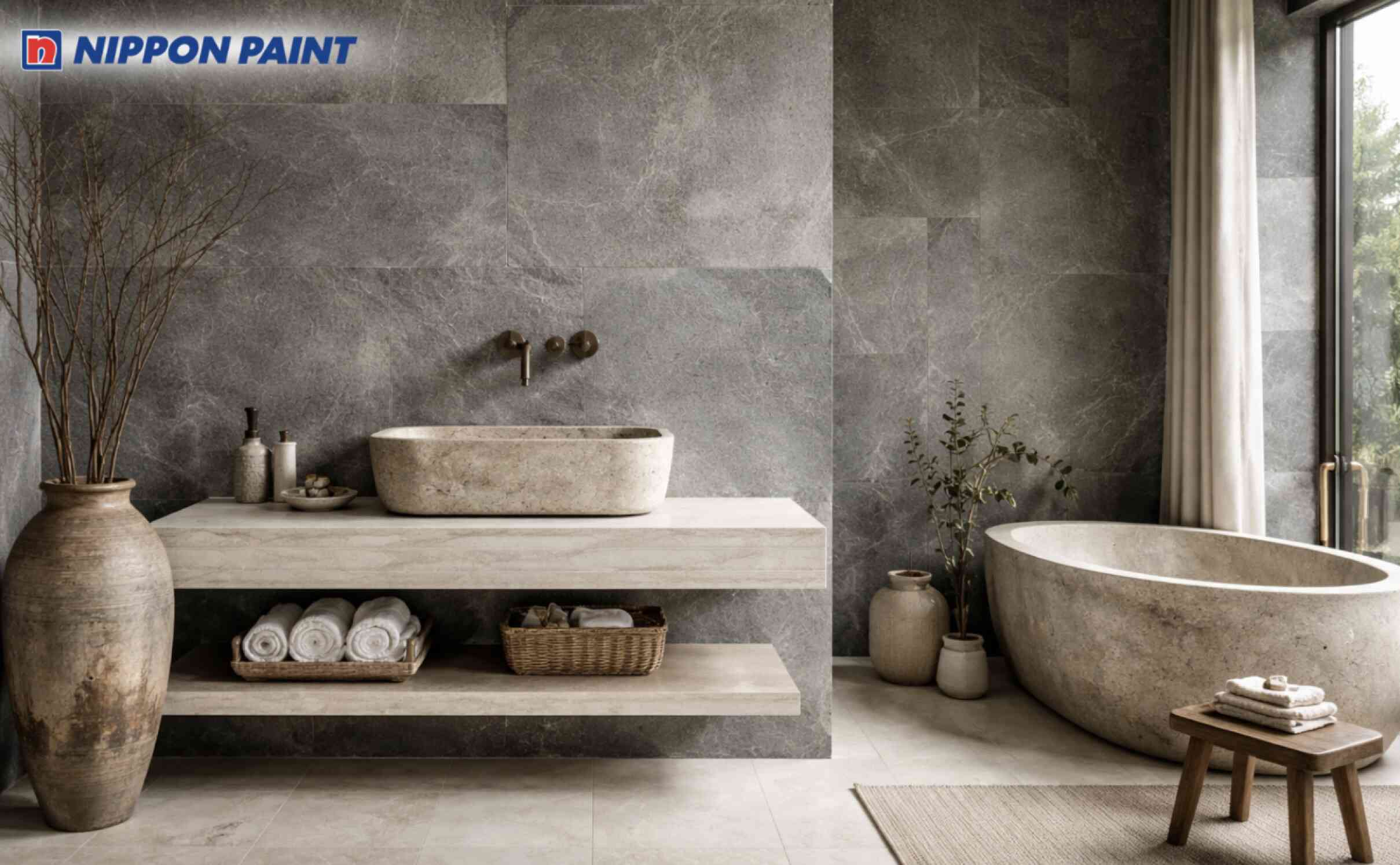 Tường slate (xám đá) phối cùng bồn rửa và gạch kem mang lại cảm giác tự nhiên