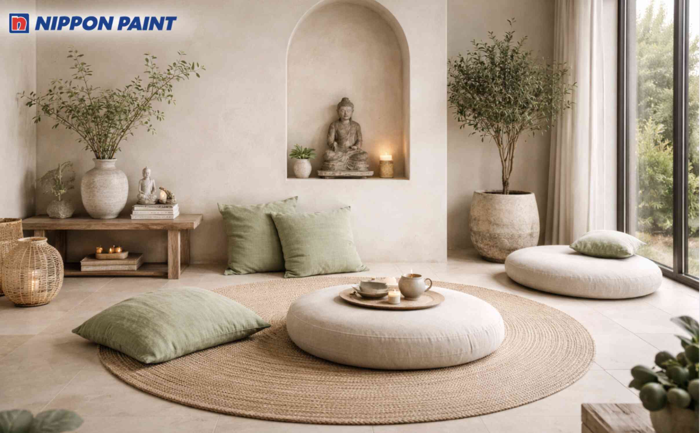 Không gian thiền sử dụng kem làm tông nền, điểm nhấn xanh lá nhạt