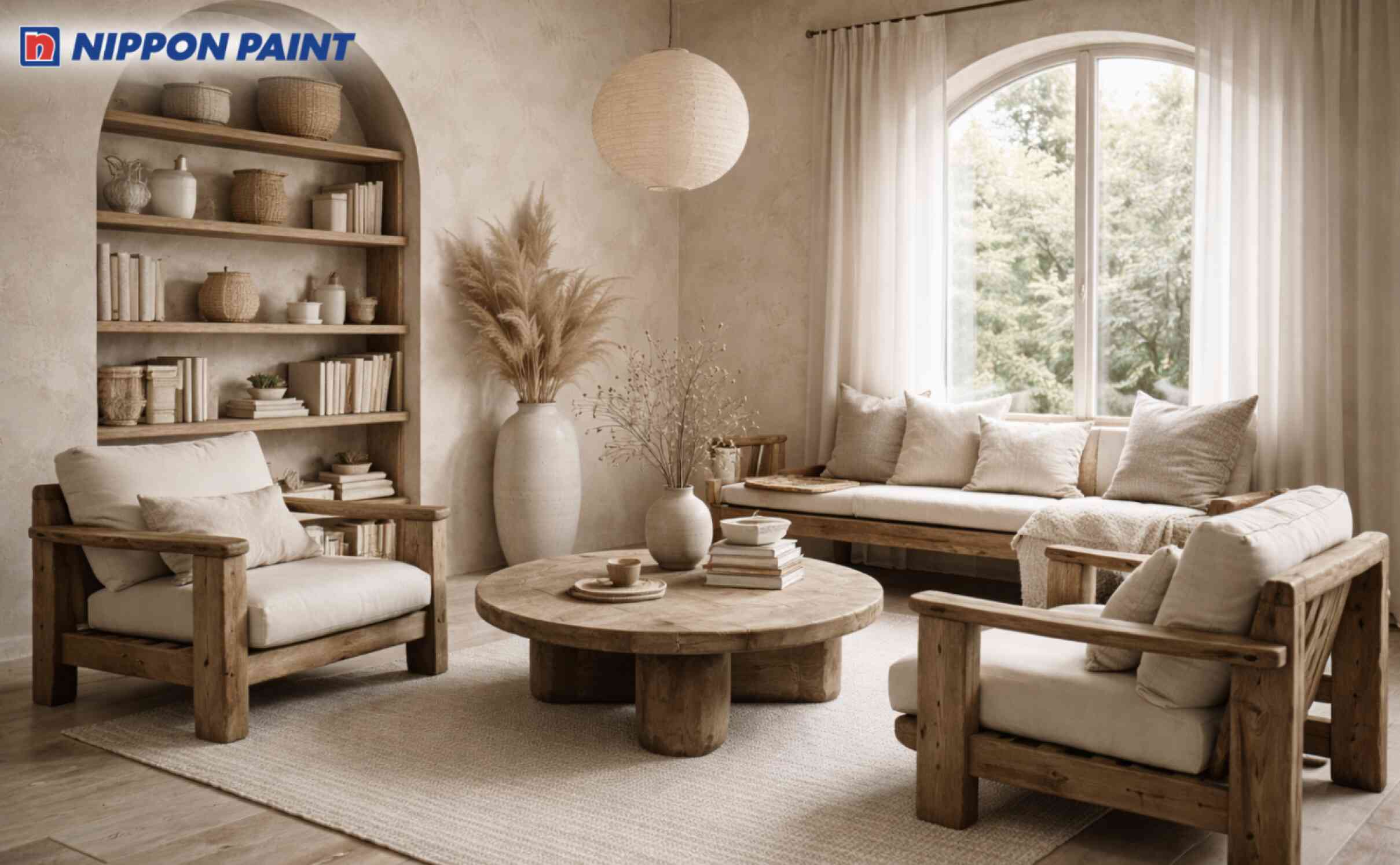 Góc đọc sách với tường beige nhạt kết hợp nội thất gỗ nâu đất