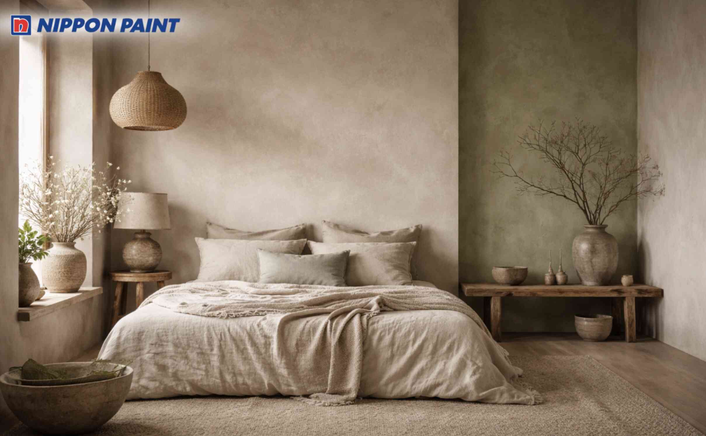 Cách phối beige - taupe nhẹ - xanh lá nhạt tạo nên phòng ngủ Wabi Sabi ấm áp, thư thái