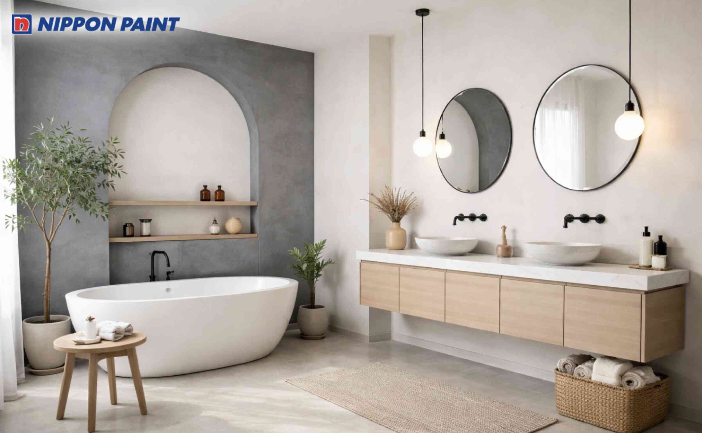 Cách phối slate - trắng mờ - taupe nhẹ mang lại cảm giác thư giãn