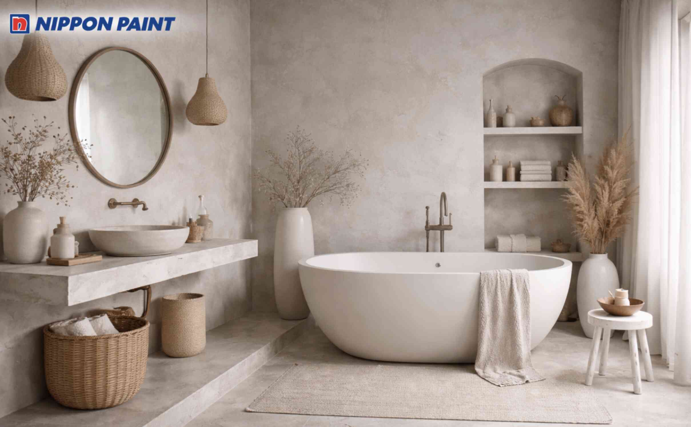 Phòng tắm Wabi Sabi với tường xám nhạt kết hợp nội thất trắng mờ