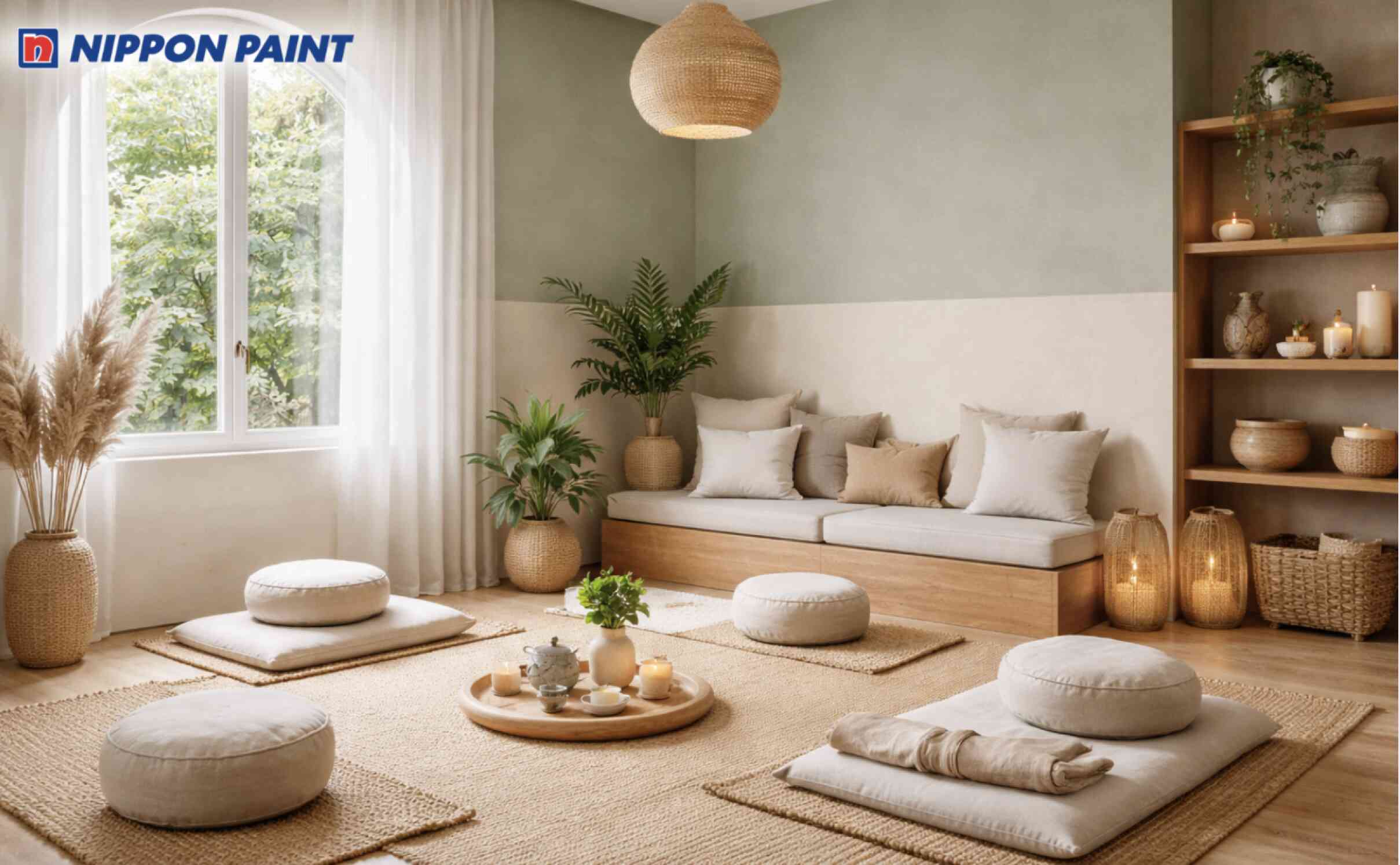Cách phối beige - xanh lá nhạt trong góc thiền tạo nên bầu không khí bình yên