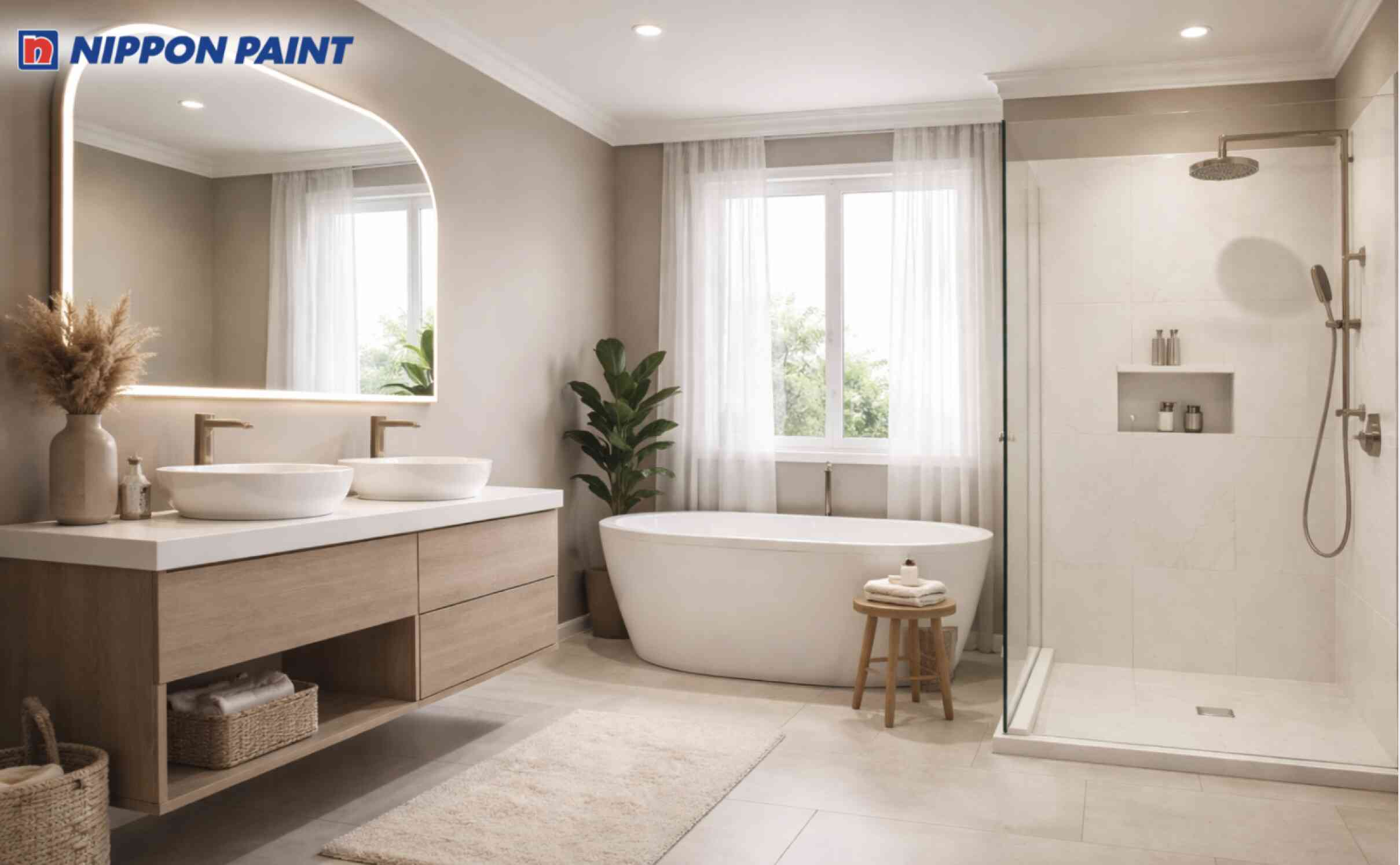 Phòng tắm sử dụng taupe nhẹ làm tông chủ đạo, kết hợp trắng mờ