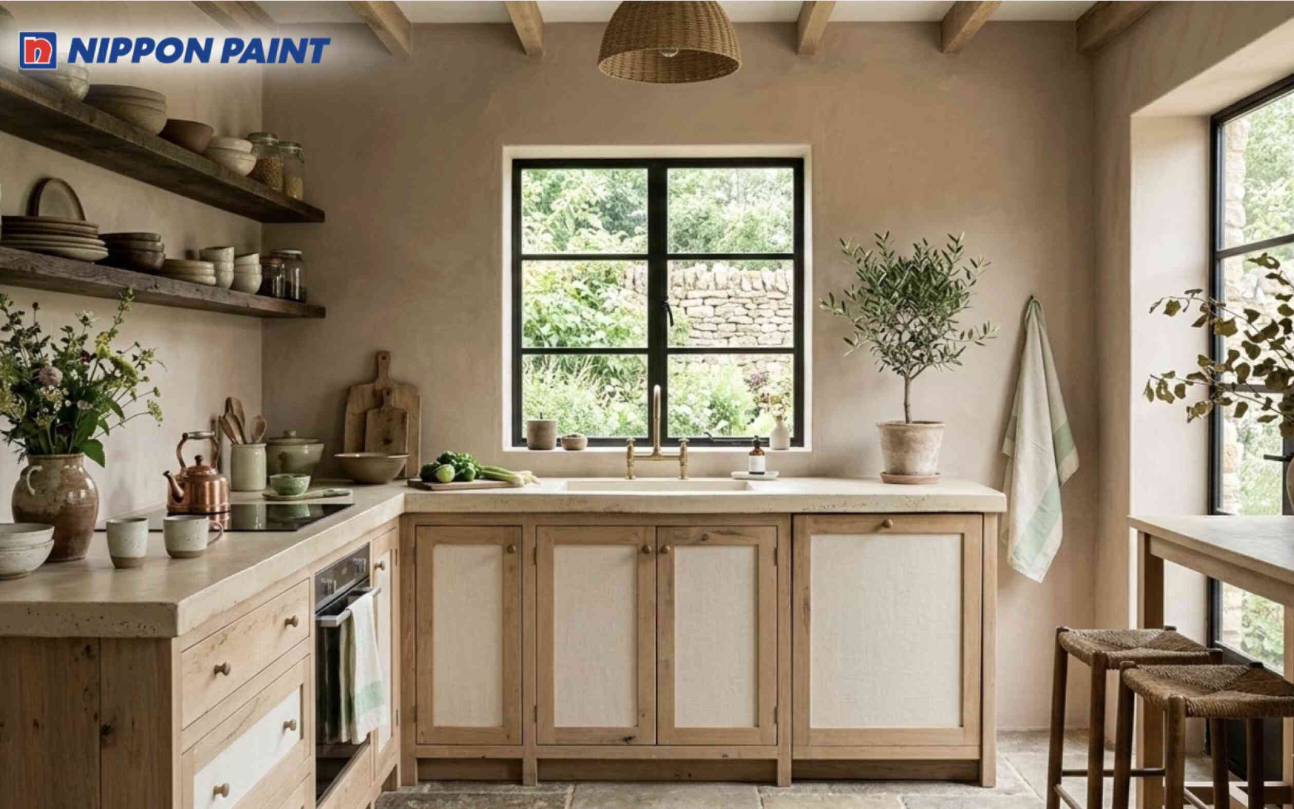 Tường taupe nhẹ phối cùng nội thất kem và điểm nhấn xanh lá nhạt