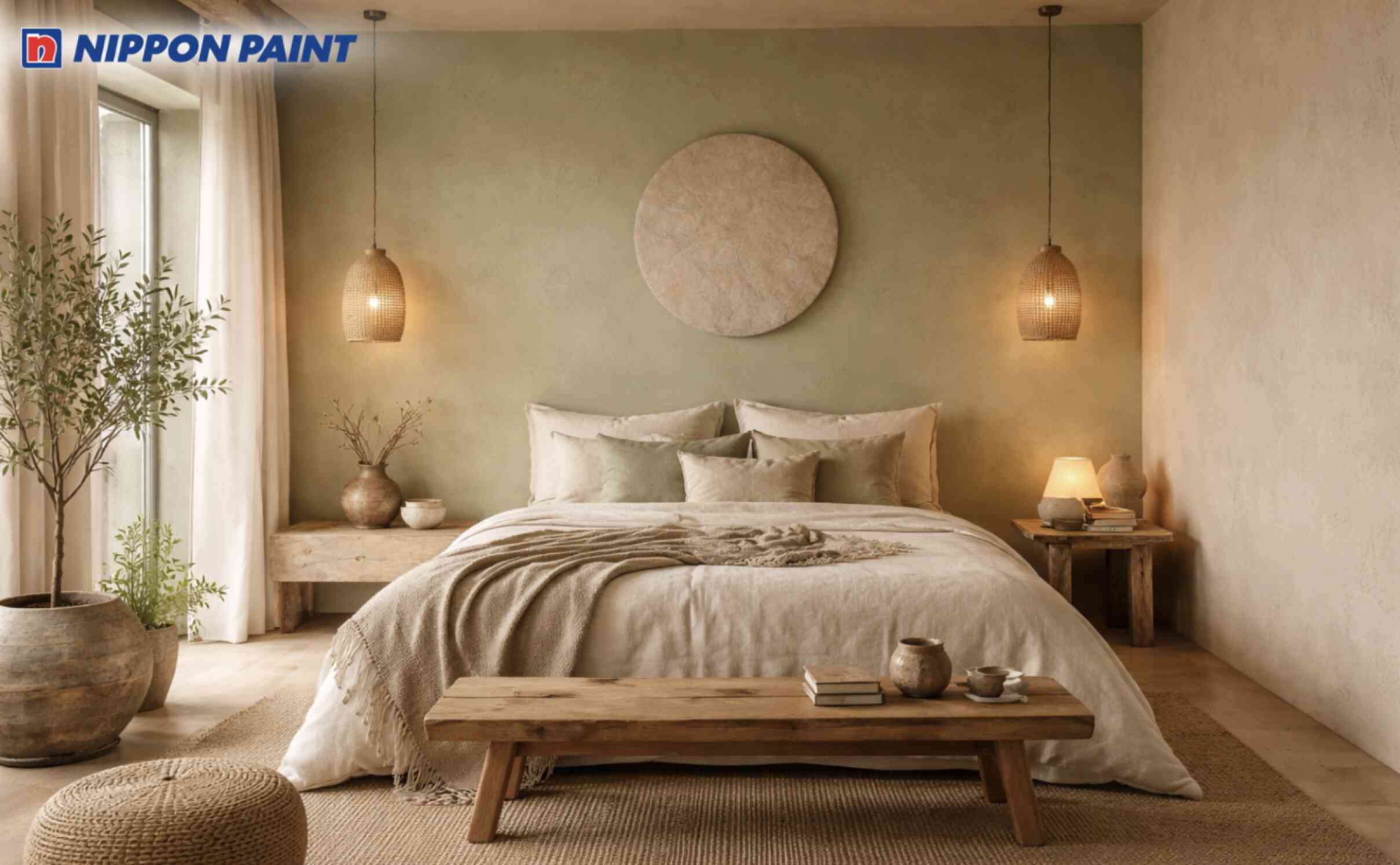 Tường kem kết hợp xanh lá nhạt giúp căn phòng Wabi Sabi trở nên mềm mại