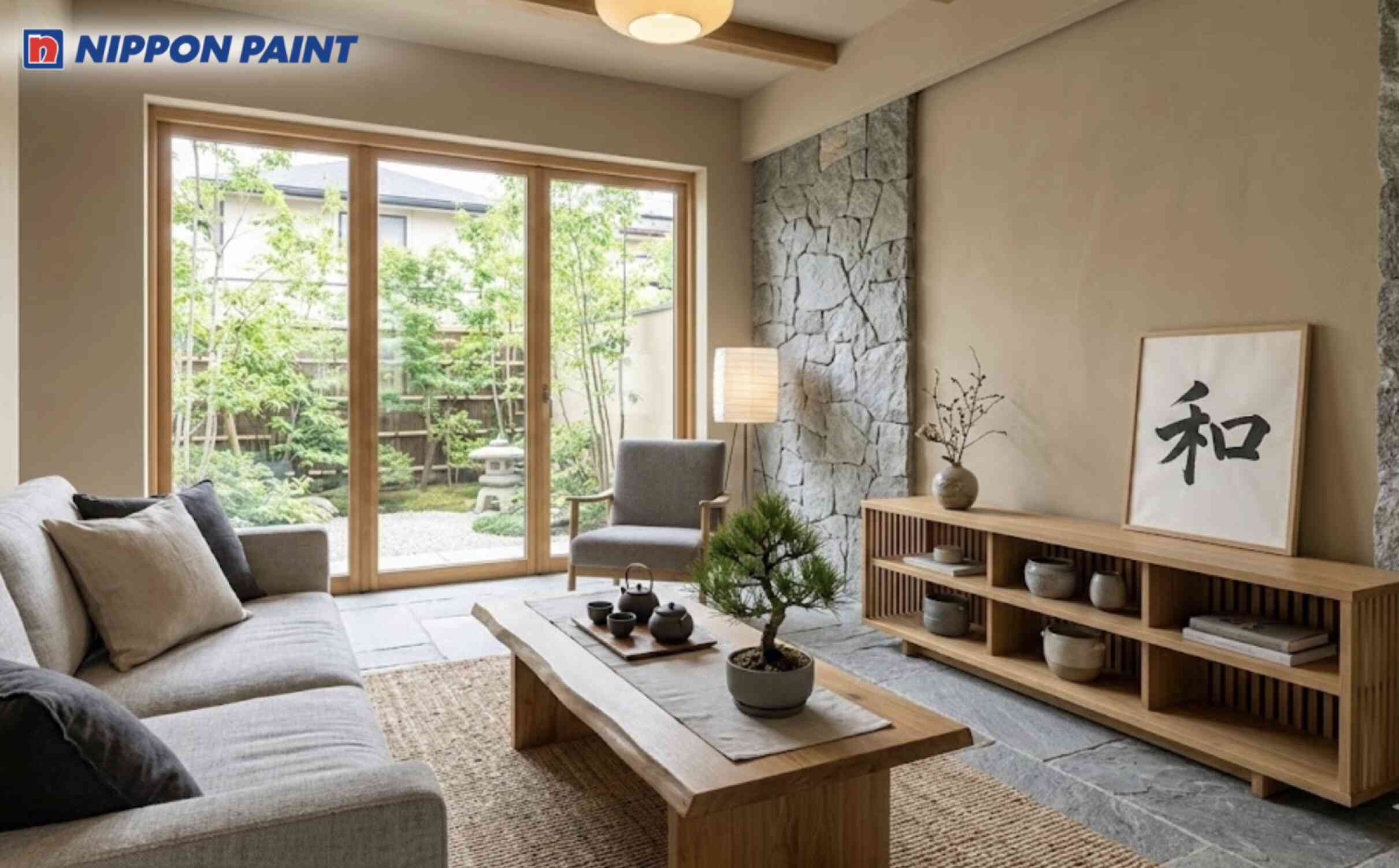 Phòng khách sang trọng nhẹ với tường be trung tính, xám đá hiện đại và nội thất gỗ