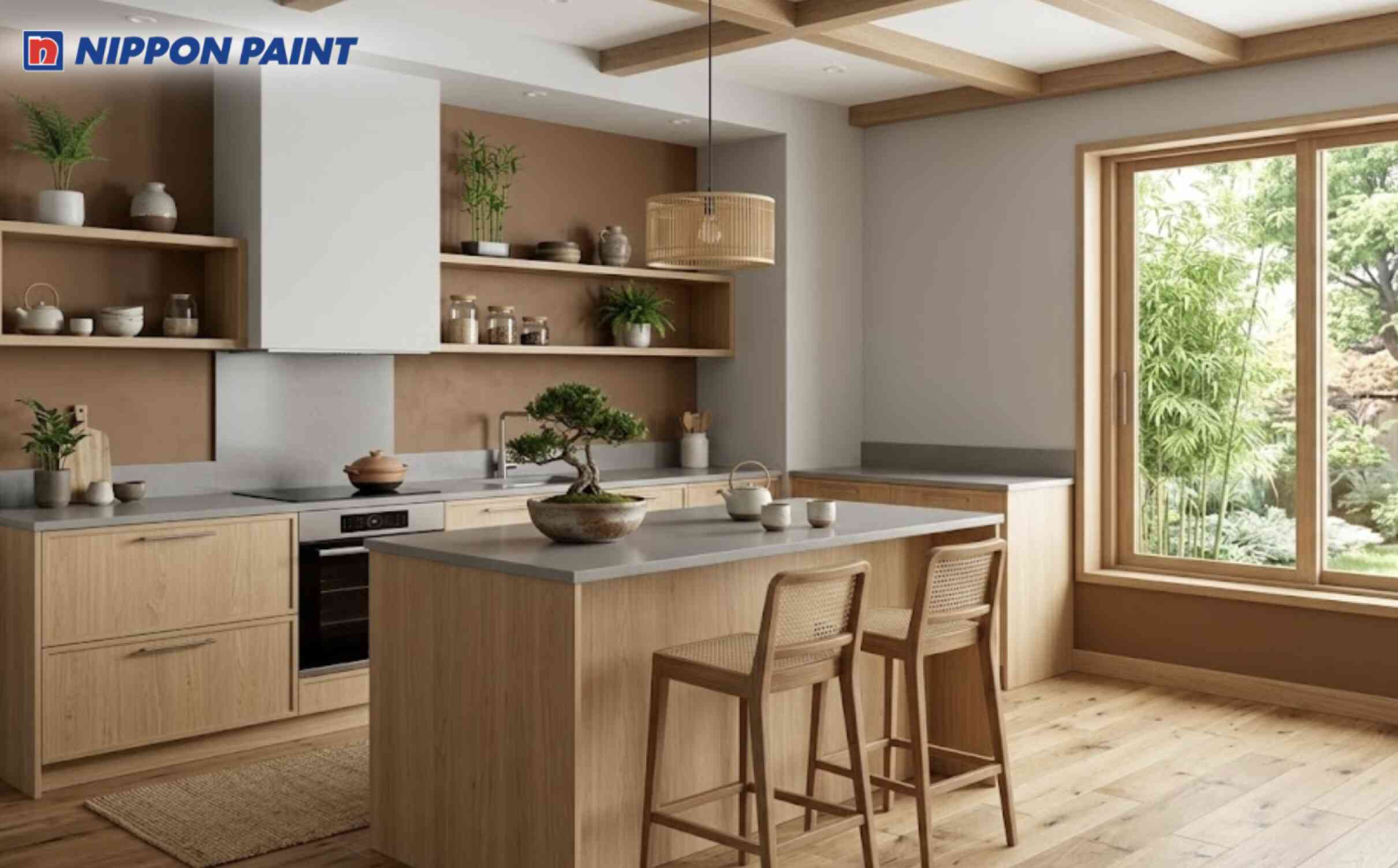 Không gian phòng bếp phong cách Zen mộc mạc, kết hợp xám sáng và nâu đất