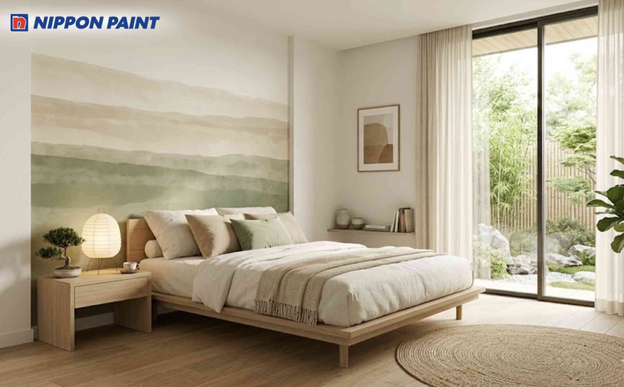 Phòng ngủ nghỉ ngơi lý tưởng với tường trắng ngà - be cát và xanh rêu