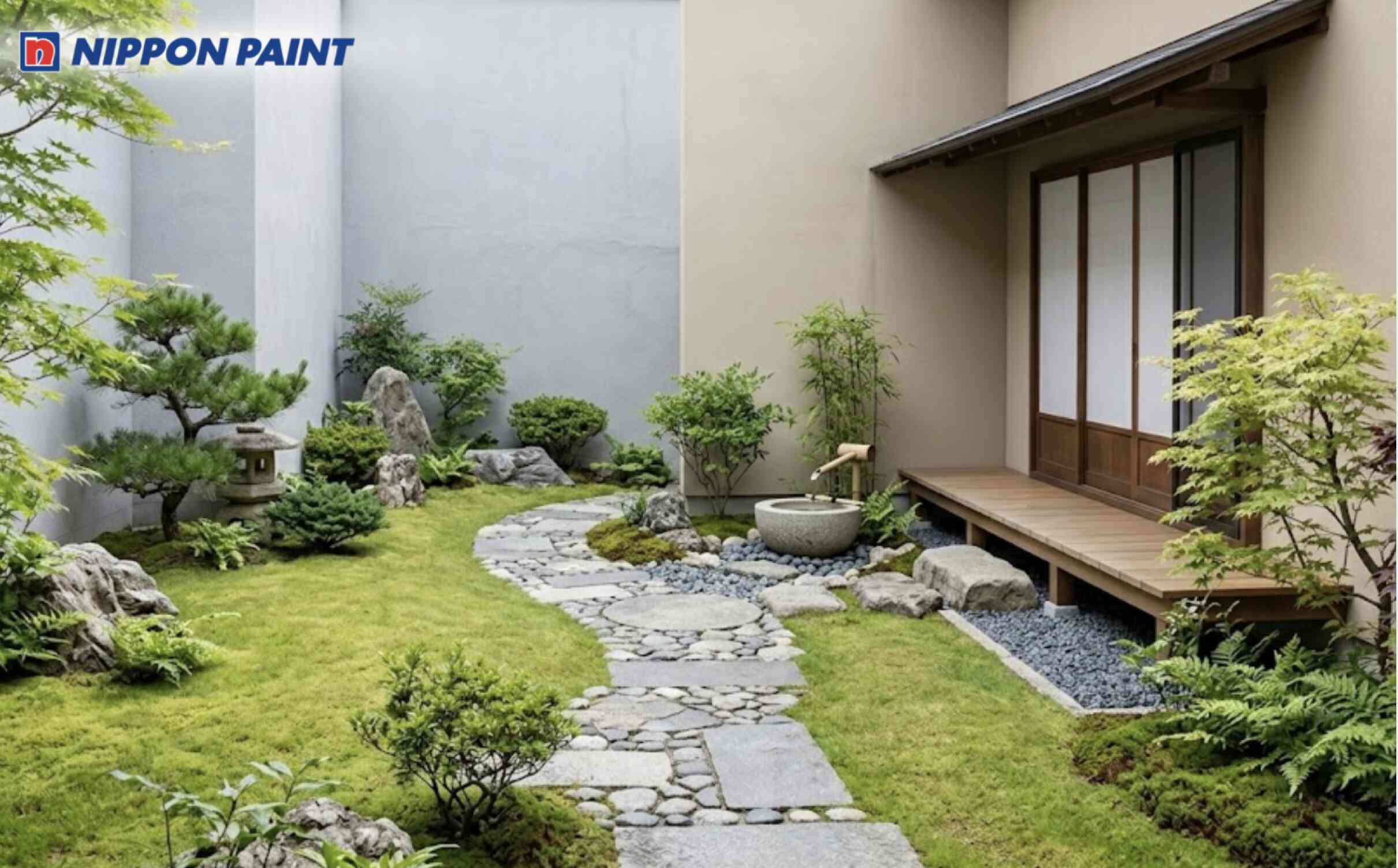 Nền kiến trúc xám nhạt và be trung tính làm phông nền tinh tế, để thảm cỏ xanh tự nhiên