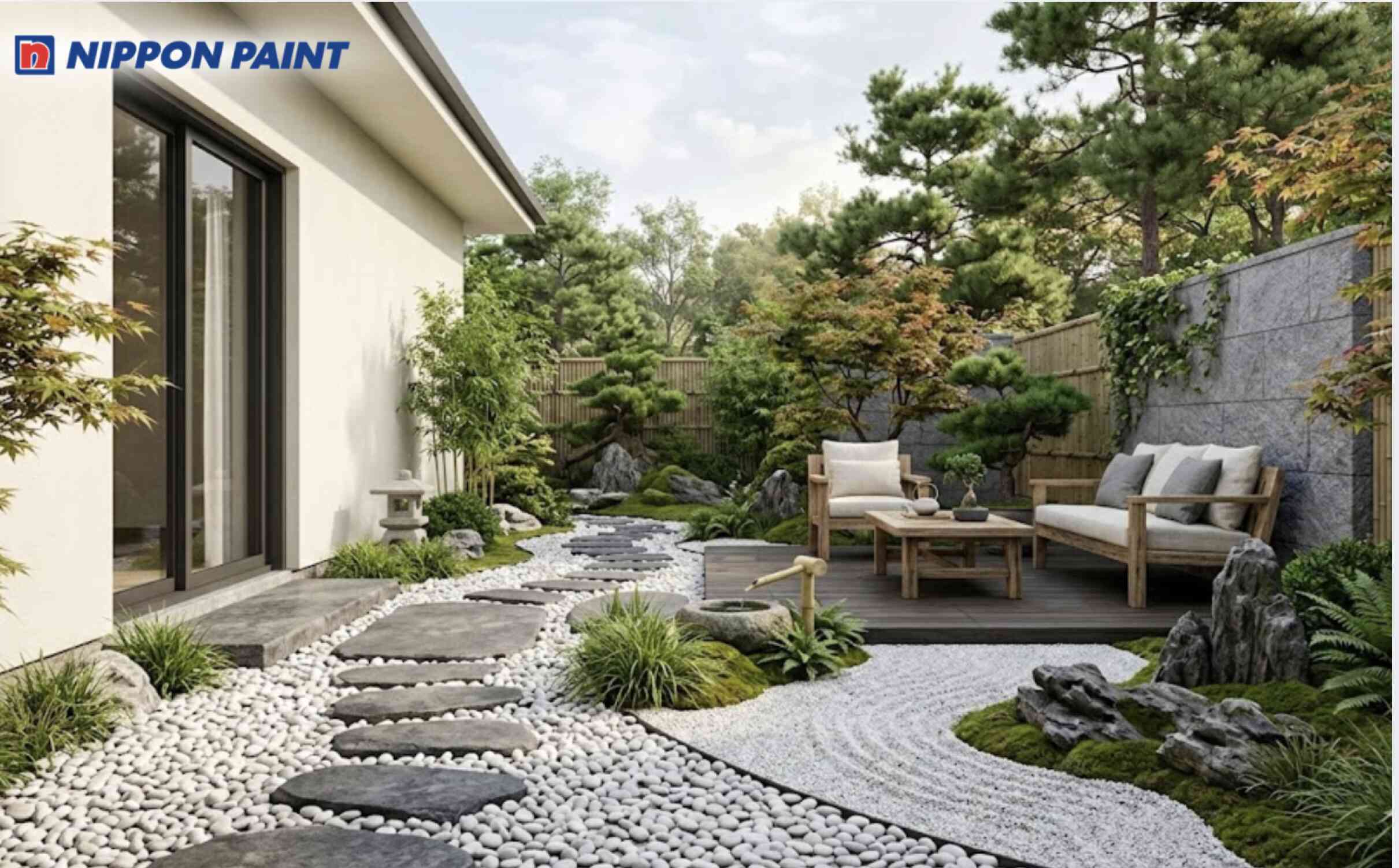 Không gian sân vườn phong cách Zen với gam trắng ngà - xám đá và sỏi trắng tự nhiên